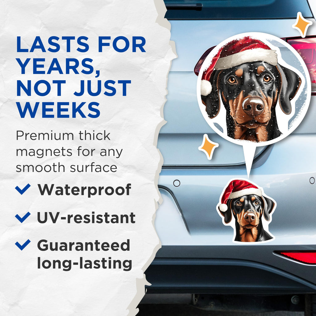 (2 Pack) Doberman Christmas Magnets - Santa Hat Doberman Dog Holiday Decor - Festive Pet Lover Refrigerator Magnets - 5 Inches On Longest Side - Thick Durable Magnet - Made in USA - MAG23314