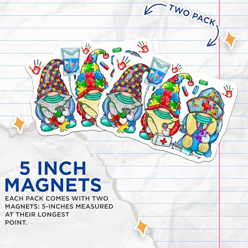 (2 Pack) Autism Awareness Nurse Gnomes Magnets - Puzzle Piece Support Decor - Medical Staff Appreciation - 5 Inches On Longest Side - Thick Durable Magnet - Made in USA - MAG29347