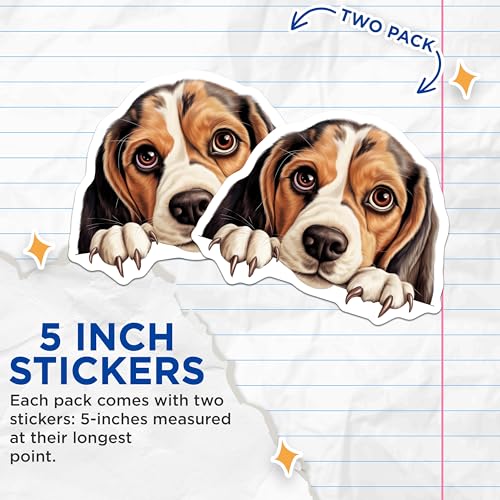 (2 Pack) Cute Beagle Dog Illustration Stickers - Adorable Animal Art - Pet Lover Decals - 5" On Longest Side - Sticks to Smooth Flat Surfaces - Made in USA - BMCS9855