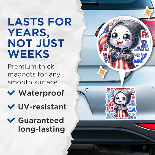 (2 Pack) Grim Reaper Patriotic Magnets - Cute Skeleton - American Flag Art - Memorial Day Decor - 5" On Longest Side - for Cars, Fridges, Toolboxes - Made in USA - MAG7910