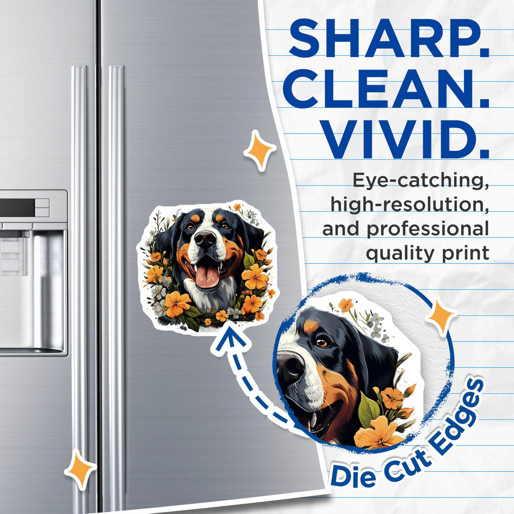(2 Pack) Bernese Mountain Dog Magnets - Happy Berner Dog Mom Accessories - Floral Pet Owner Kitchen Decor - 5 Inches On Longest Side - Thick Durable Magnet - Made in USA - MAG29850