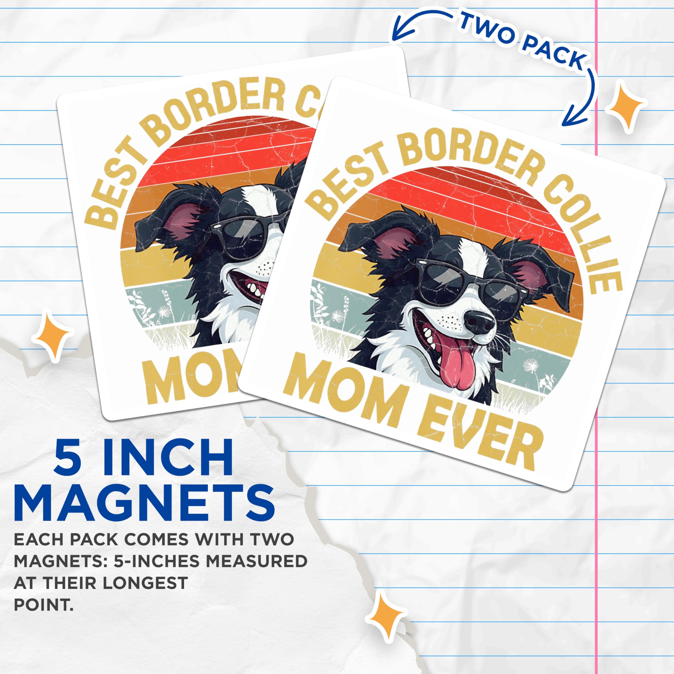 (2 Pack) Border Collie Mom Magnets - Best Dog Mother Ever - Retro Sunset Collie Owner Decor - 5 Inches On Longest Side - Thick Durable Magnet - Made in USA - MAG23514
