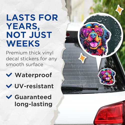(2 Pack) Colorful Dog Art Stickers - Cool Dog with Sunglasses - Cute Dog Lover Decal - 5" On Longest Side - Sticks to Smooth Flat Surfaces - Made in USA - BMCS7236