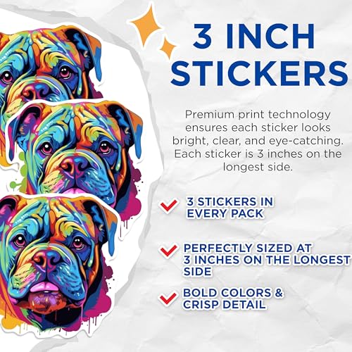 (3 Pack) Bulldog Decals - Colorful Dog - Pet Lover Laptop Decal - 3 Inches On Longest Side - Easy Peel & Apply - Made in USA - 3MCS0676