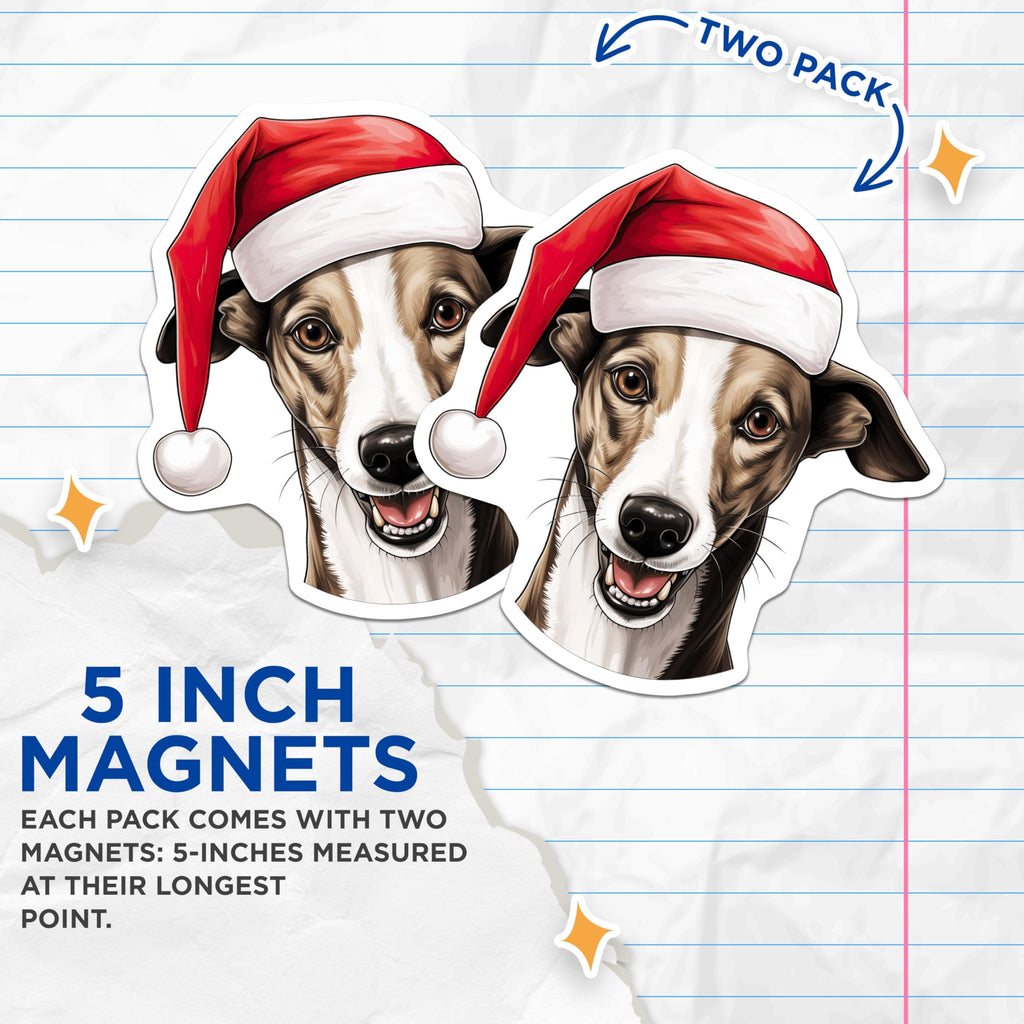 (2 Pack) Christmas Dog Magnets - Santa Hat Whippet Decor - Holiday Pet Refrigerator Magnets - 5 Inches On Longest Side - Thick Durable Magnet - Made in USA - MAG23827