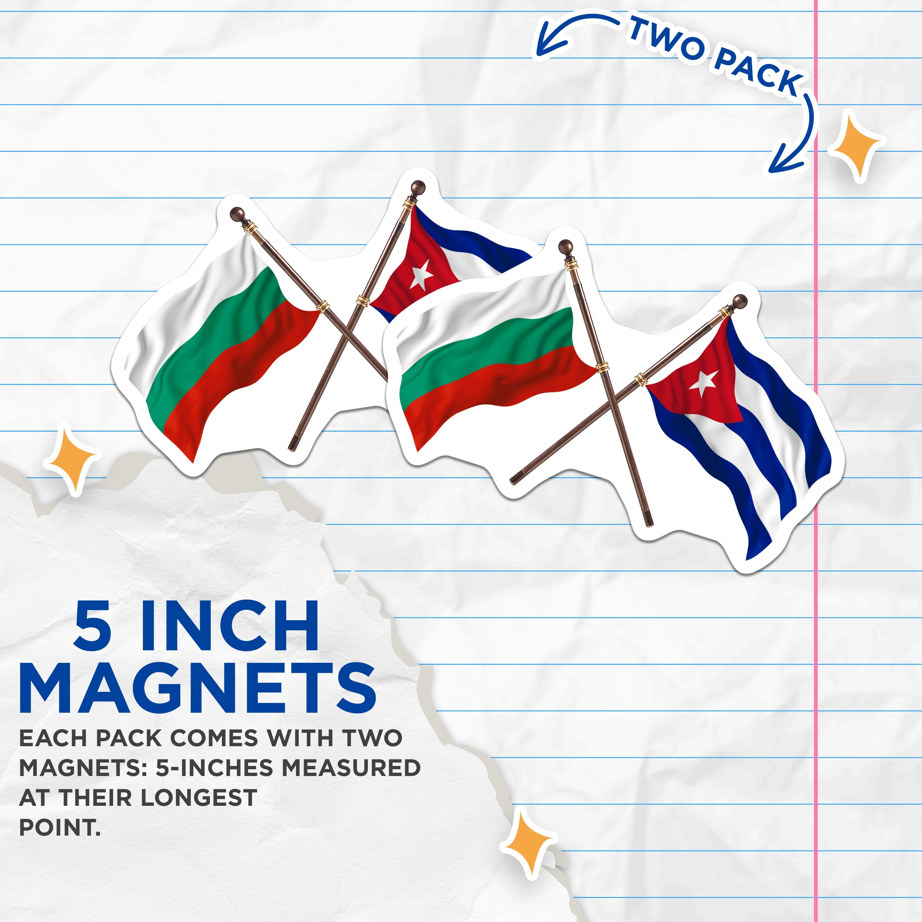 (2 Pack) Bulgaria Cuba Flag Magnets - Cuban Bulgarian Heritage - International Friendship Souvenir - 5 Inches On Longest Side - Thick Durable Magnet - Made in USA - MAG38106