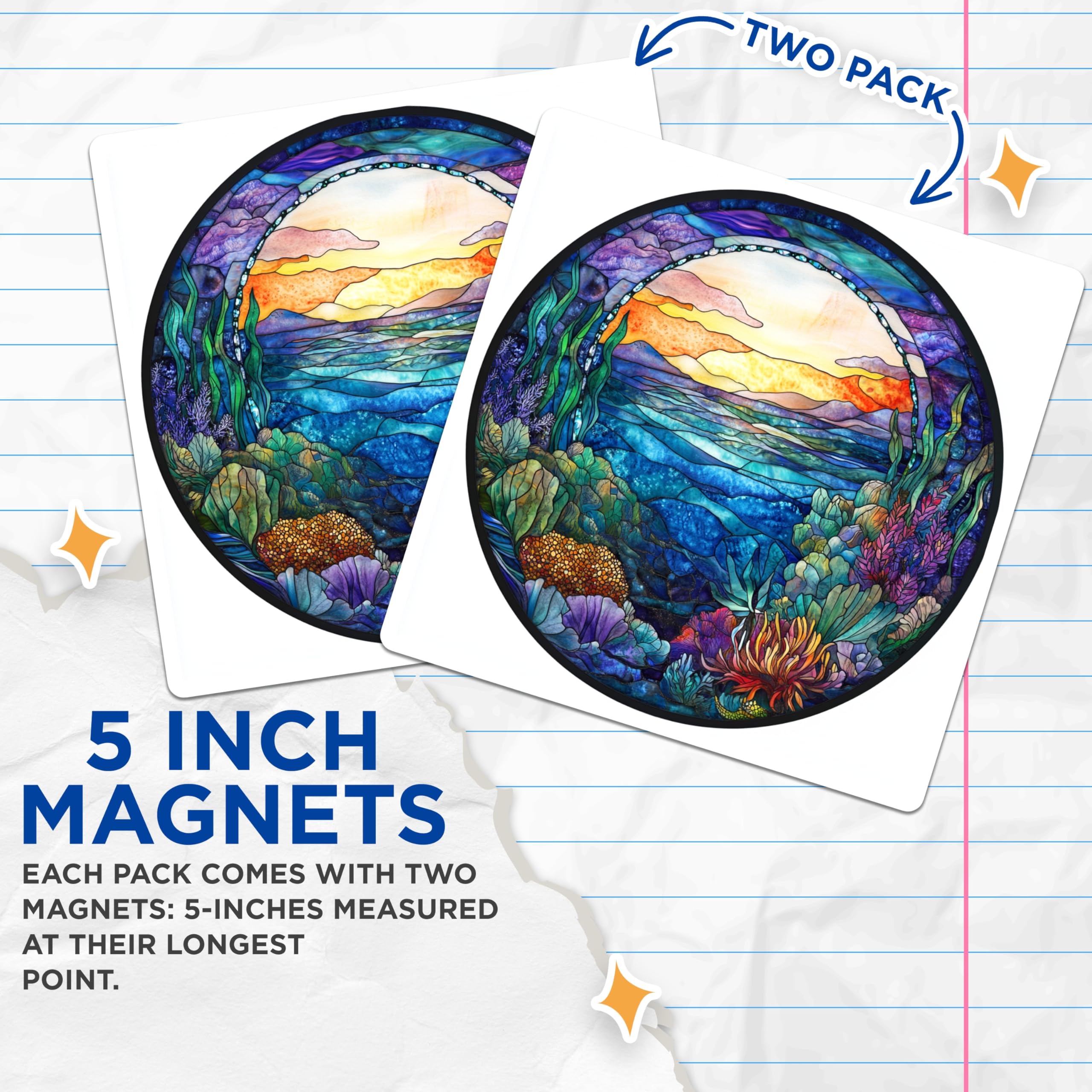 (2 Pack) Stained Glass Ocean Magnets - Vibrant Underwater Reef Scene - Colorful Marine Life Decor - Beach House Aesthetic - 5 Inches On Longest Side - Thick Durable Magnet - Made in USA - MAG23587