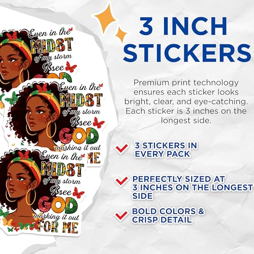 (3 Pack) Afro Woman God Decals - Inspirational Quote Stickers - Laptop Water Bottle Stickers - 3 Inches On Longest Side - Easy Peel & Apply - Made in USA - 3MCS6615