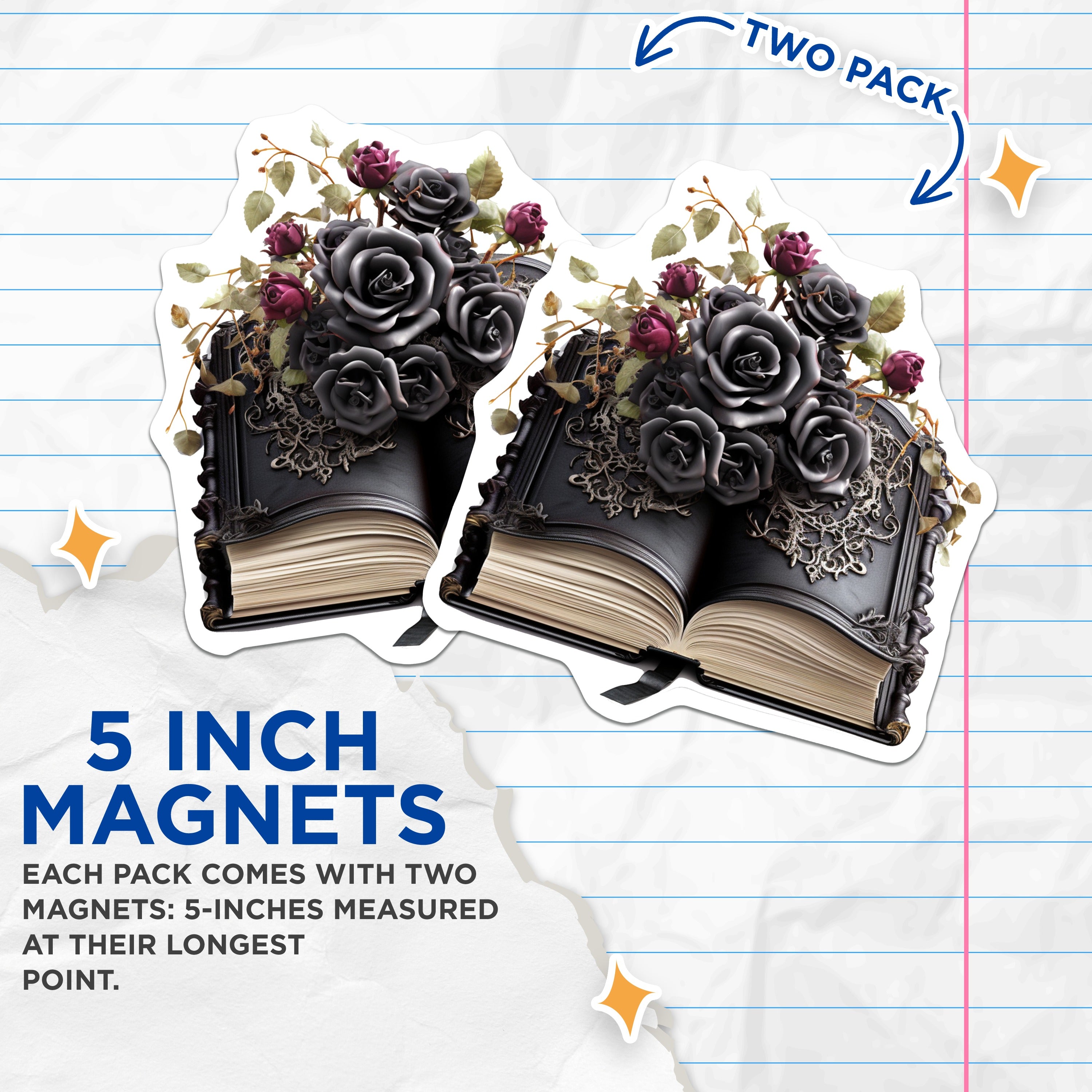 (2 Pack) Gothic Book Magnets - Dark Academia Decor - Black Roses - Witchy Aesthetic - Literary Lover - Victorian Style - Fantasy Art - 5" - Durable Magnet - Made in USA - MAG38080