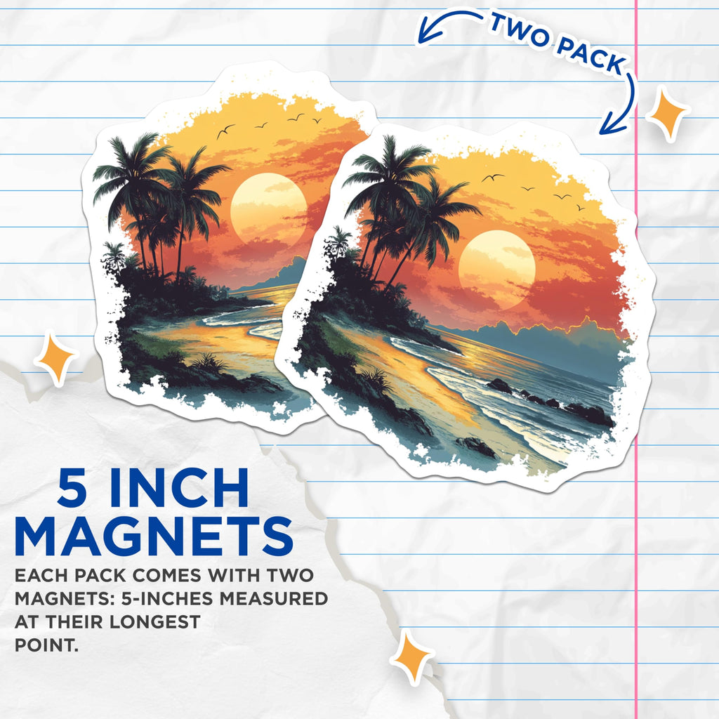 (2 Pack) Tropical Sunset Magnets - Beach Scene Decor - Palm Tree Ocean Art - 5 Inches On Longest Side - Thick Durable Magnet - Made in USA - MAG29387