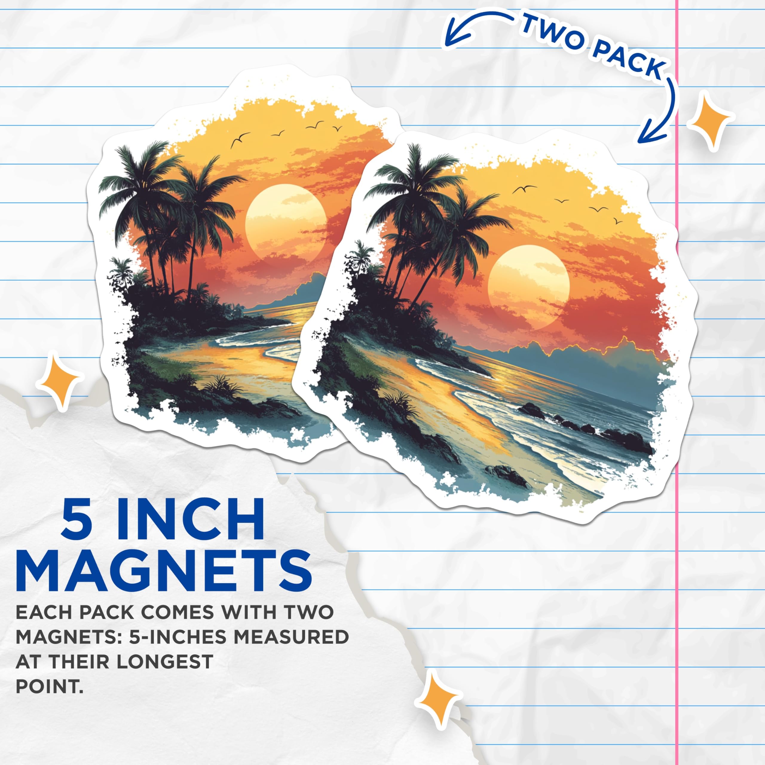 (2 Pack) Tropical Sunset Magnets - Beach Scene Decor - Palm Tree Ocean Art - 5 Inches On Longest Side - Thick Durable Magnet - Made in USA - MAG29387