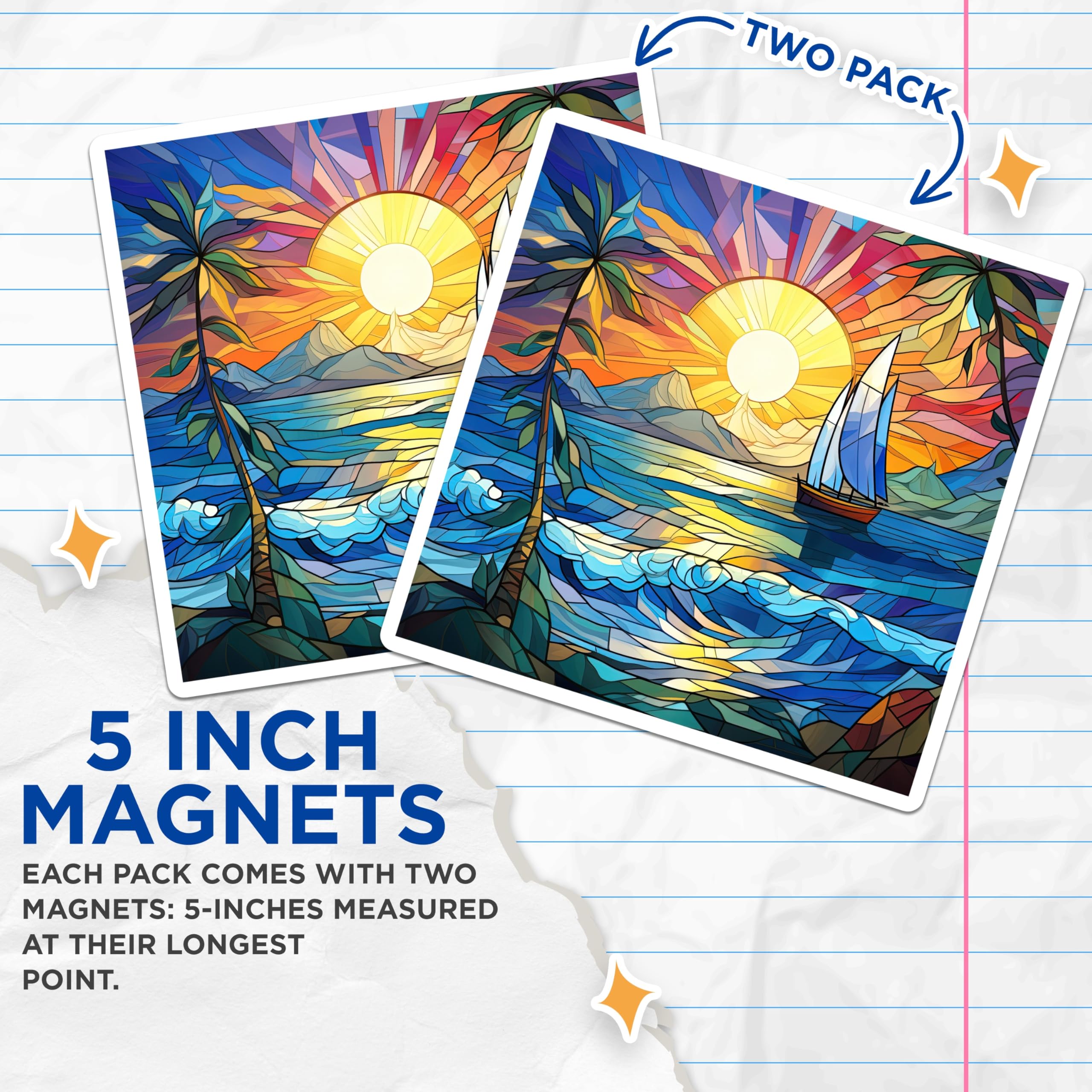 (2 Pack) Vibrant Stained Glass Tropical Sunset Magnets - Sailboat Ocean Waves Scene - Palm Tree Beach Art Decor - 5 Inches On Longest Side - Thick Durable Magnet - Made in USA - MAG23888