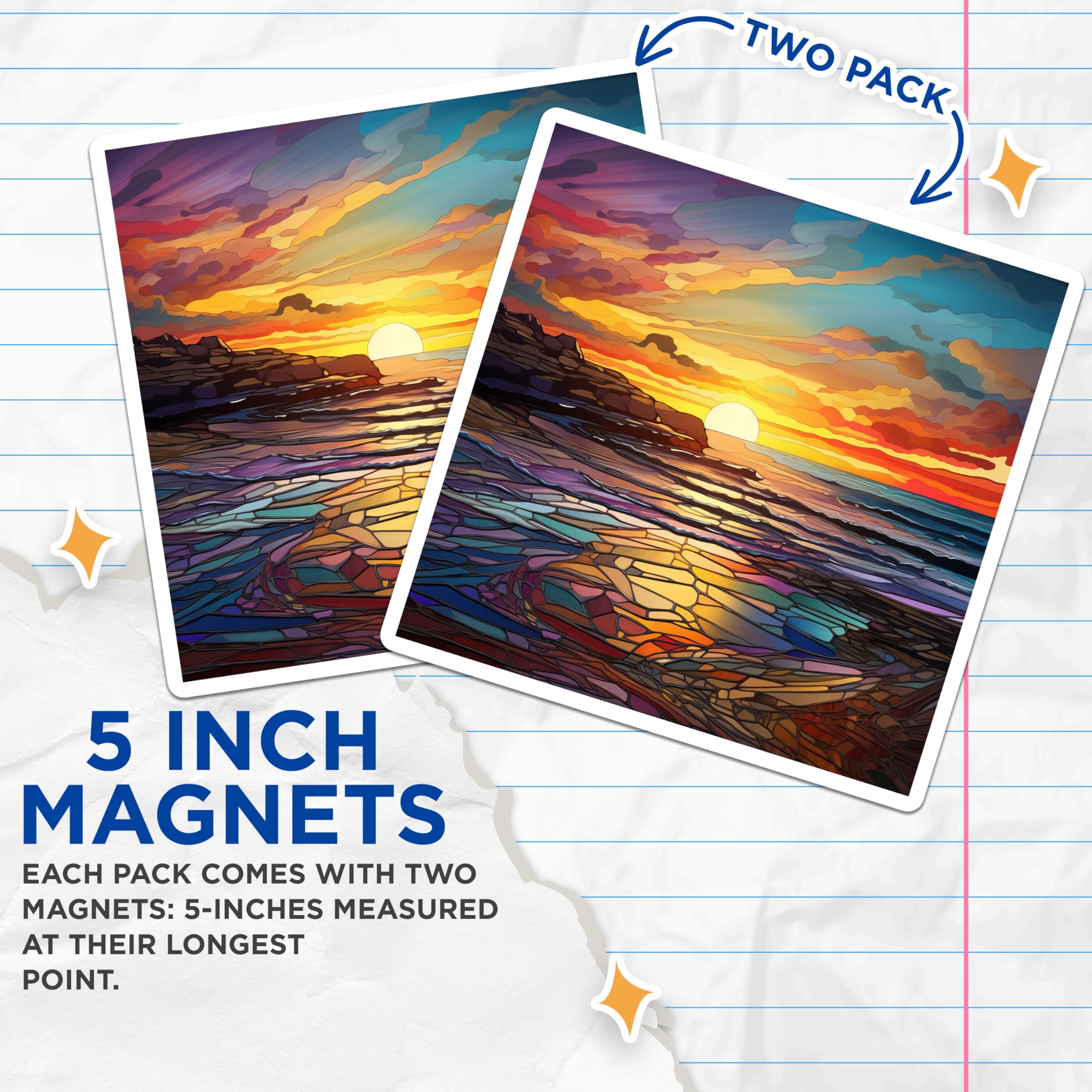 (2 Pack) Stained Glass Sunset Magnets - Mosaic Ocean View - Vibrant Coastal Decor - 5 Inches On Longest Side - Thick Durable Magnet - Made in USA - MAG25174