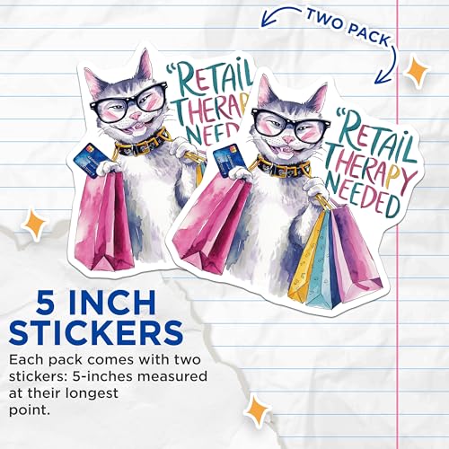 (2 Pack) Cute Cat Stickers - Funny Shopping Cat - 5" On Longest Side - Sticks to Smooth Flat Surfaces - Made in USA - BMCS8556 - BMCS8556