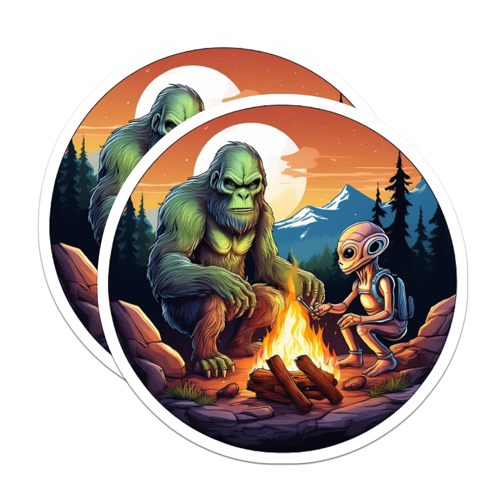 (2 Pack) Bigfoot Alien Campfire Stickers - Sasquatch Extraterrestrial Adventure - Quirky Cryptid Forest Night Art - 5" On Longest Side - Sticks to Smooth Flat Surfaces - Made in USA - BMCS21284
