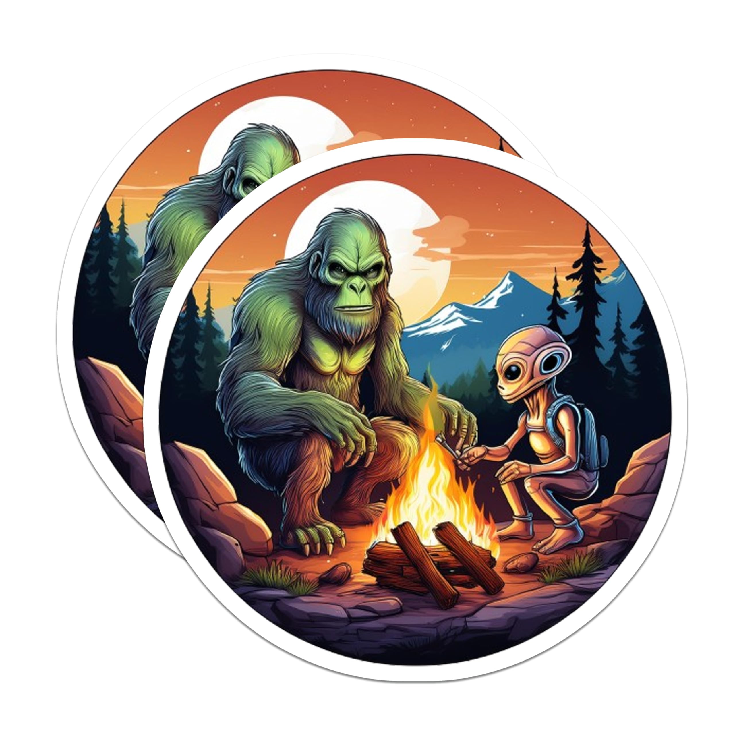 (2 Pack) Bigfoot Alien Campfire Stickers - Sasquatch Extraterrestrial Adventure - Quirky Cryptid Forest Night Art - 5" On Longest Side - Sticks to Smooth Flat Surfaces - Made in USA - BMCS21284