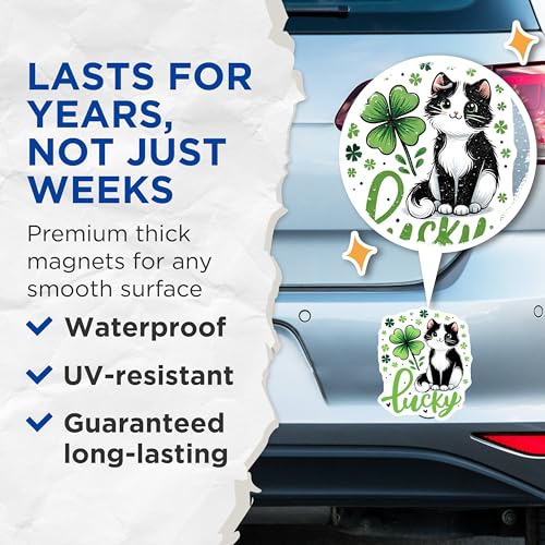 (2 Pack) Lucky Cat Magnets - Four Leaf Clover Decoration - Irish Good Luck Charm for Home and Office - 5" On Longest Side - for Cars, Fridges, Toolboxes - Made in USA - MAG8097