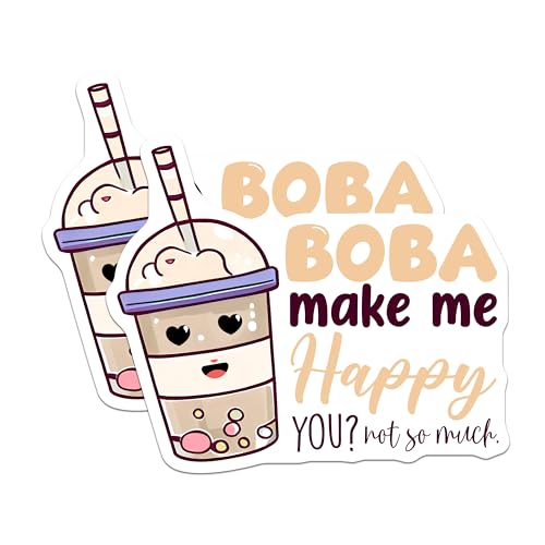 (2 Pack) Boba Make Me Happy Stickers - Cute Boba Tea - Funny Kawaii Boba for Water Bottle - 5" On Longest Side - Sticks to Smooth Flat Surfaces - Made in USA - BMCS7751