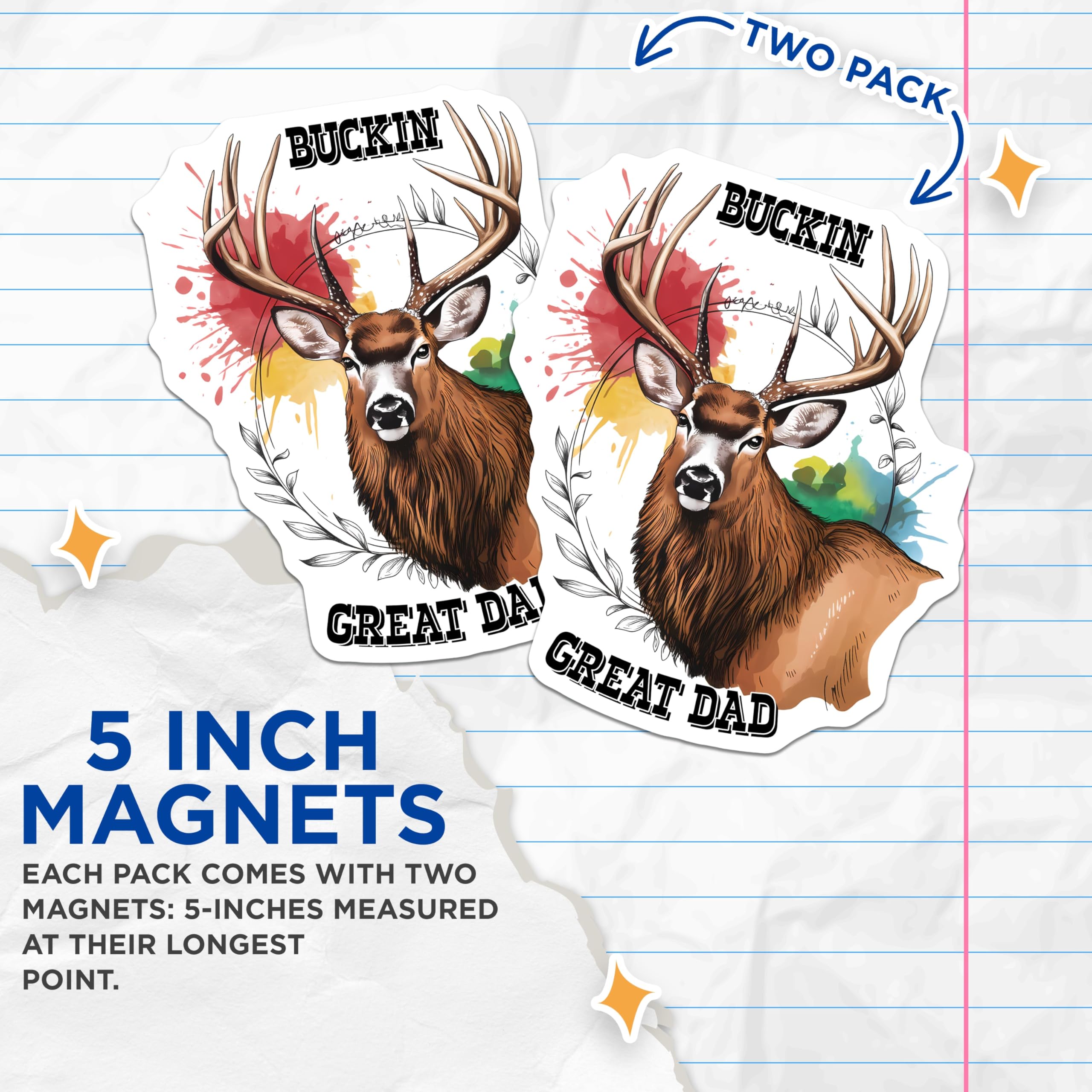 (2 Pack) Buckin Great Dad Magnets - Father's Day - Deer Antlers - 5" On Longest Side - Premium Magnet - for Cars, Refrigerators, Toolboxes, Lockers - Made in USA - MAG15895