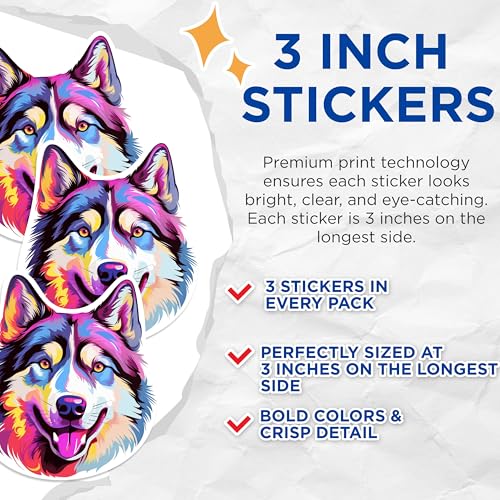 (3 Pack) Colorful Wolf Decals - Laptop Decals - Animal Art Stickers - 3 Inches On Longest Side - Easy Peel & Apply - Made in USA - 3MCS0831