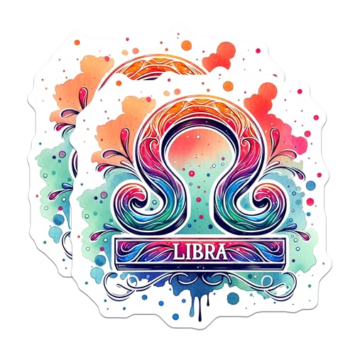 (2 Pack) Libra Zodiac Sign Stickers - Colorful Watercolor Stickers - Horoscope Stickers - 5" On Longest Side - Sticks to Smooth Flat Surfaces - Made in USA - BMCS6825