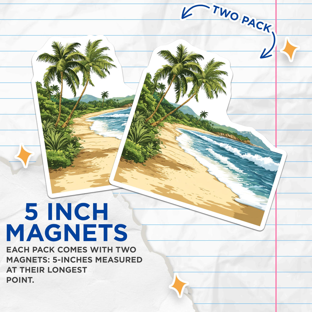 (2 Pack) Tropical Beach Magnets - Palm Tree Ocean Scene - Coastal Island Decor - 5 Inches On Longest Side - Thick Durable Magnet - Made in USA - MAG23775