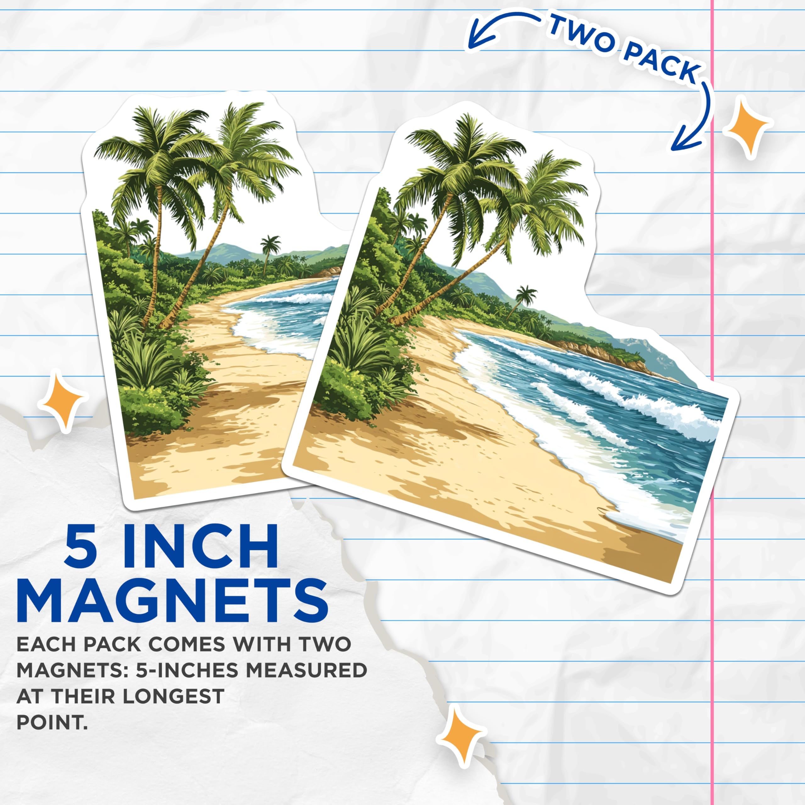 (2 Pack) Tropical Beach Magnets - Palm Tree Ocean Scene - Coastal Island Decor - 5 Inches On Longest Side - Thick Durable Magnet - Made in USA - MAG23775