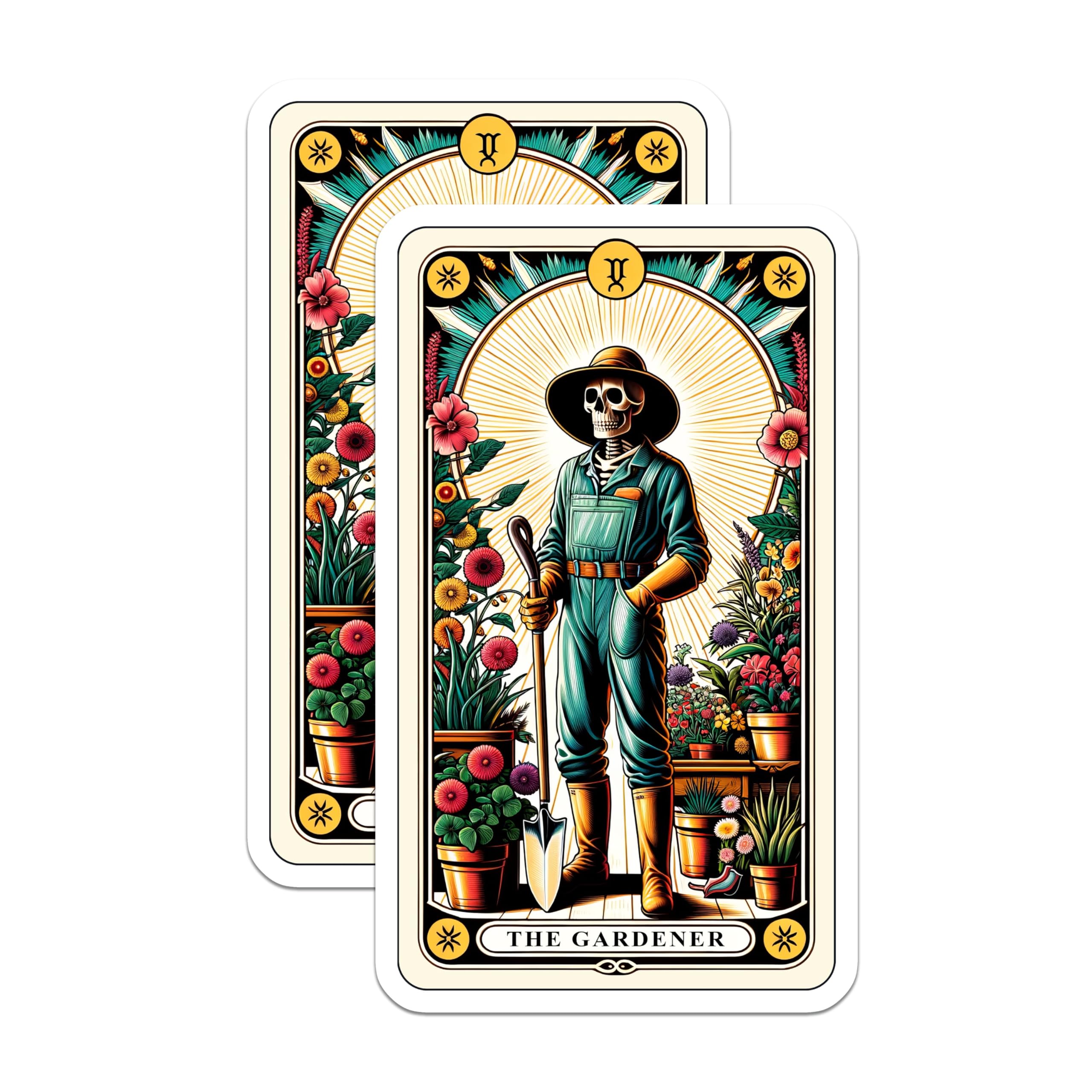 (2 Pack) Skeleton Gardener Magnets - Tarot Card Art - Mystical Garden Decor - 5 Inches On Longest Side - Thick Durable Magnet - Made in USA - MAG21411