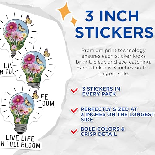 (3 Pack) Floral Lightbulb Decals - Butterfly Stickers - Inspirational Quote Decal - 3 Inches On Longest Side - Easy Peel & Apply - Made in USA - 3MCS7708