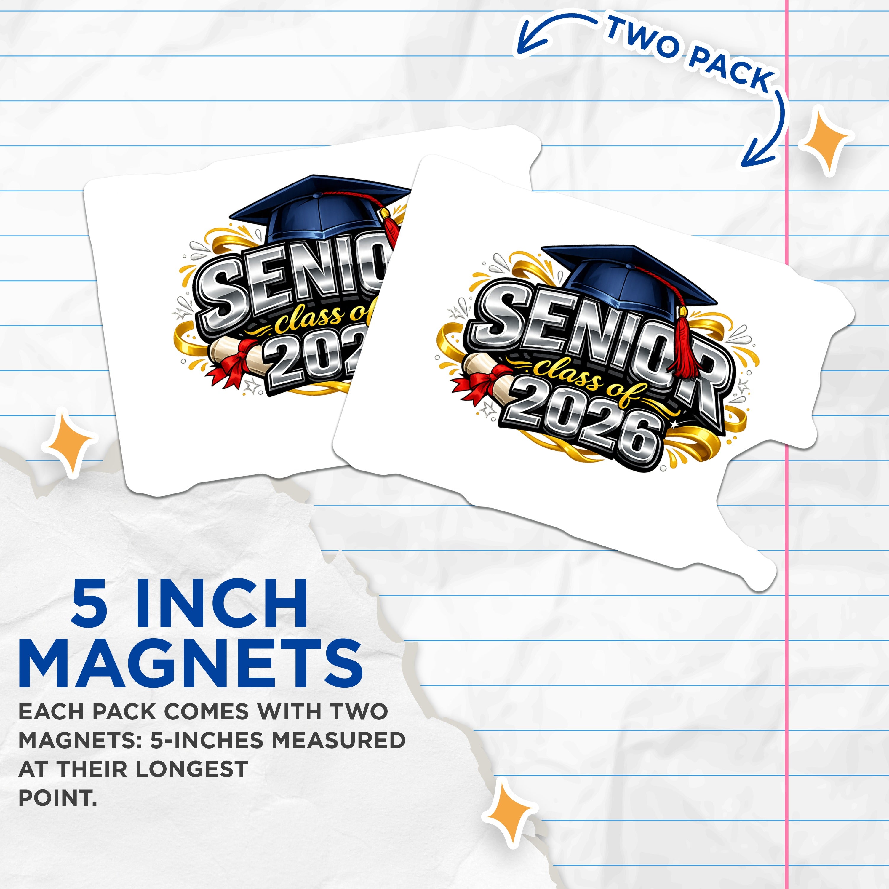 (2 Pack) Senior Class of 2026 Magnets - Graduation Year Keepsake - College Bound Student Decor - 5 Inches On Longest Side - Thick Durable Magnet - Made in USA - MAG39016