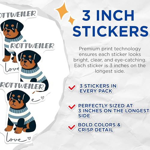(3 Pack) Rottweiler Dog Decals - Puppy Breed - Laptop Decals - 3 Inches On Longest Side - Easy Peel & Apply - Made in USA - 3MCS6072