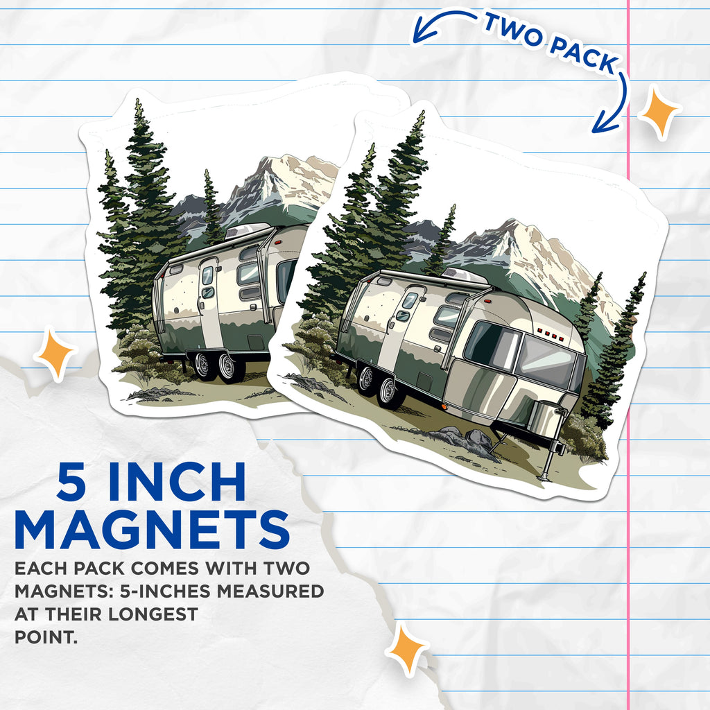 (2 Pack) Airstream Magnets - Retro RV Camper Decor - Mountain Forest Nature Travel Fridge - 5 Inches On Longest Side - Thick Durable Magnet - Made in USA - MAG37861