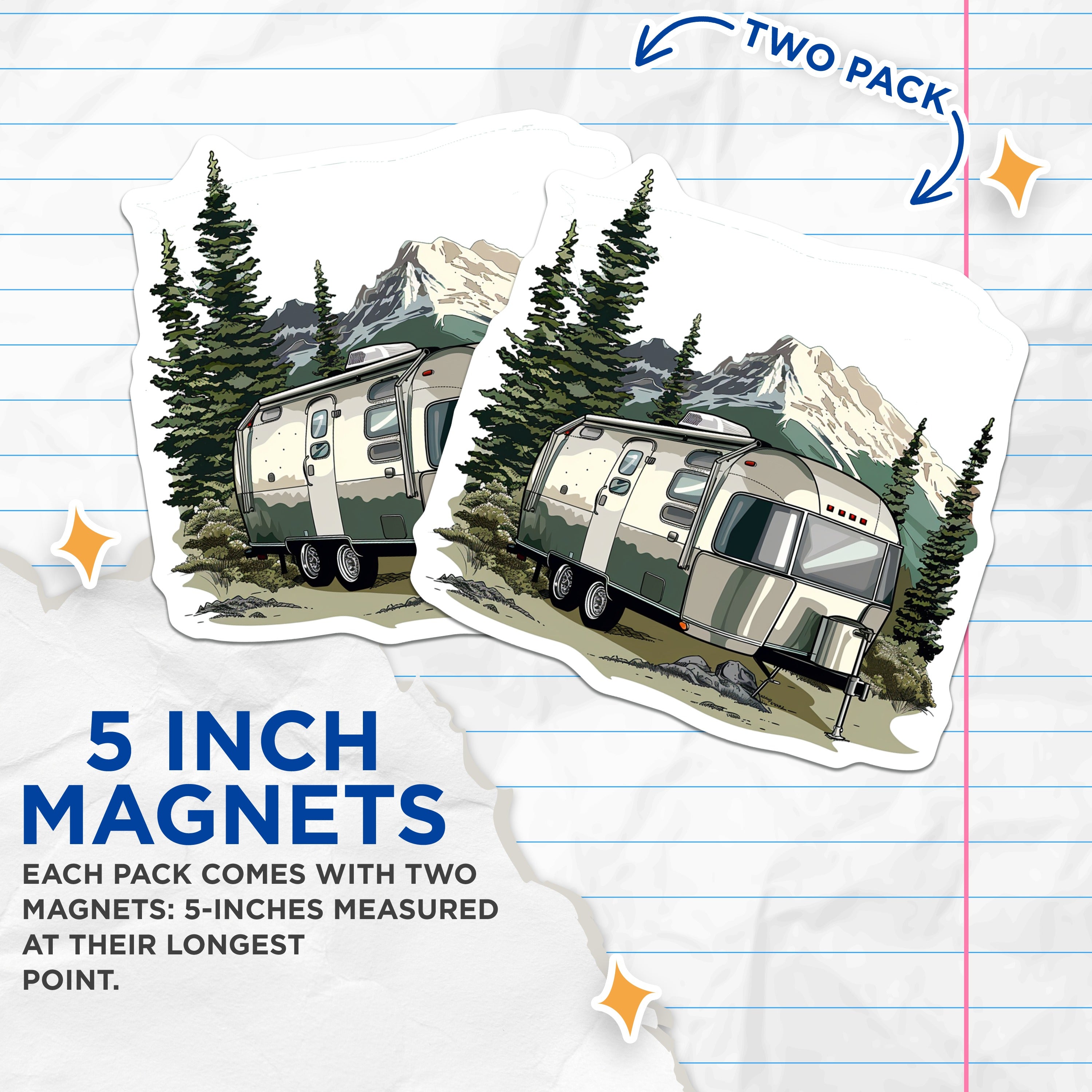 (2 Pack) Airstream Magnets - Retro RV Camper Decor - Mountain Forest Nature Travel Fridge - 5 Inches On Longest Side - Thick Durable Magnet - Made in USA - MAG37861