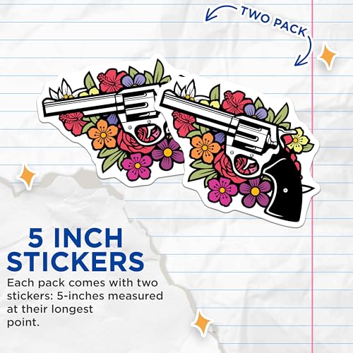 (2 Pack) Pistol Flower Stickers - Floral Gun Design - Flower Revolver Art - 5" On Longest Side - Sticks to Smooth Flat Surfaces - Made in USA - BMCS6227