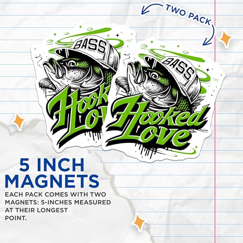 (2 Pack) Hooked Love Bass Fisherman Magnets - Fishing Enthusiast - Bass Fish Decor for Fishermen - 5" On Longest Side - for Cars, Refrigerators, Toolboxes, Lockers - Made in USA BMCS3491