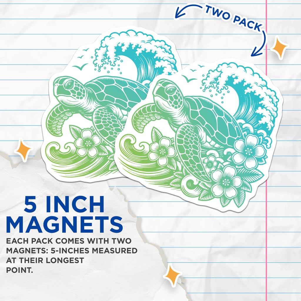 (2 Pack) Sea Turtle Ocean Wave Magnets - Tropical Floral Art - Hawaiian Coastal Decor - Marine Animal Refrigerator - 5 Inches On Longest Side - Thick Durable Magnet - Made in USA - MAG37774