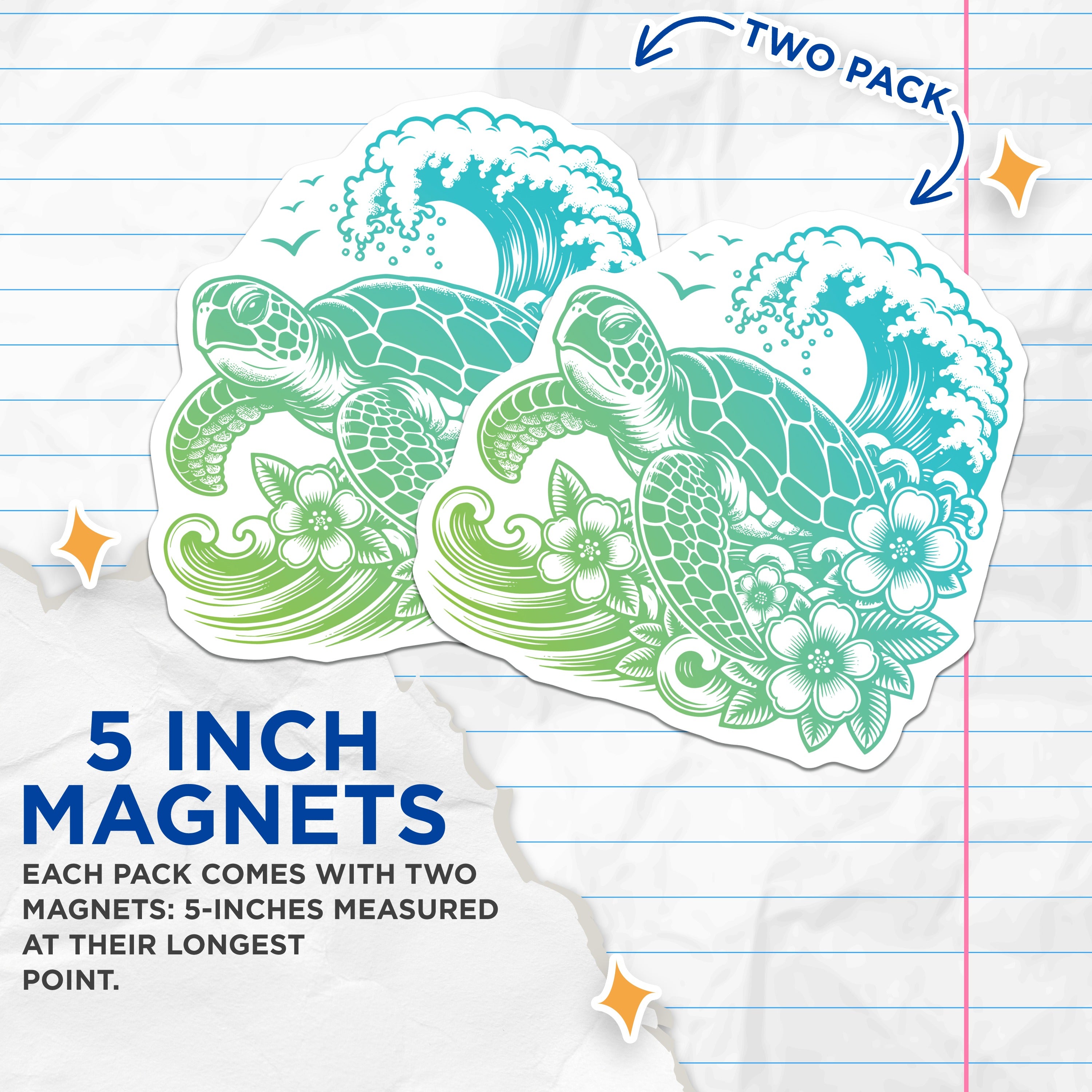 (2 Pack) Sea Turtle Ocean Wave Magnets - Tropical Floral Art - Hawaiian Coastal Decor - Marine Animal Refrigerator - 5 Inches On Longest Side - Thick Durable Magnet - Made in USA - MAG37774