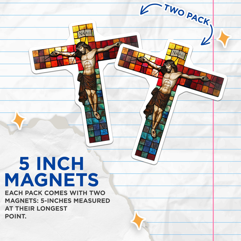 (2 Pack) Jesus Crucifix Magnets - Faux Stained Glass Effect - Christian Religious Art Home Decor - 5 Inches On Longest Side - Thick Durable Magnet - Made in USA - MAG36119