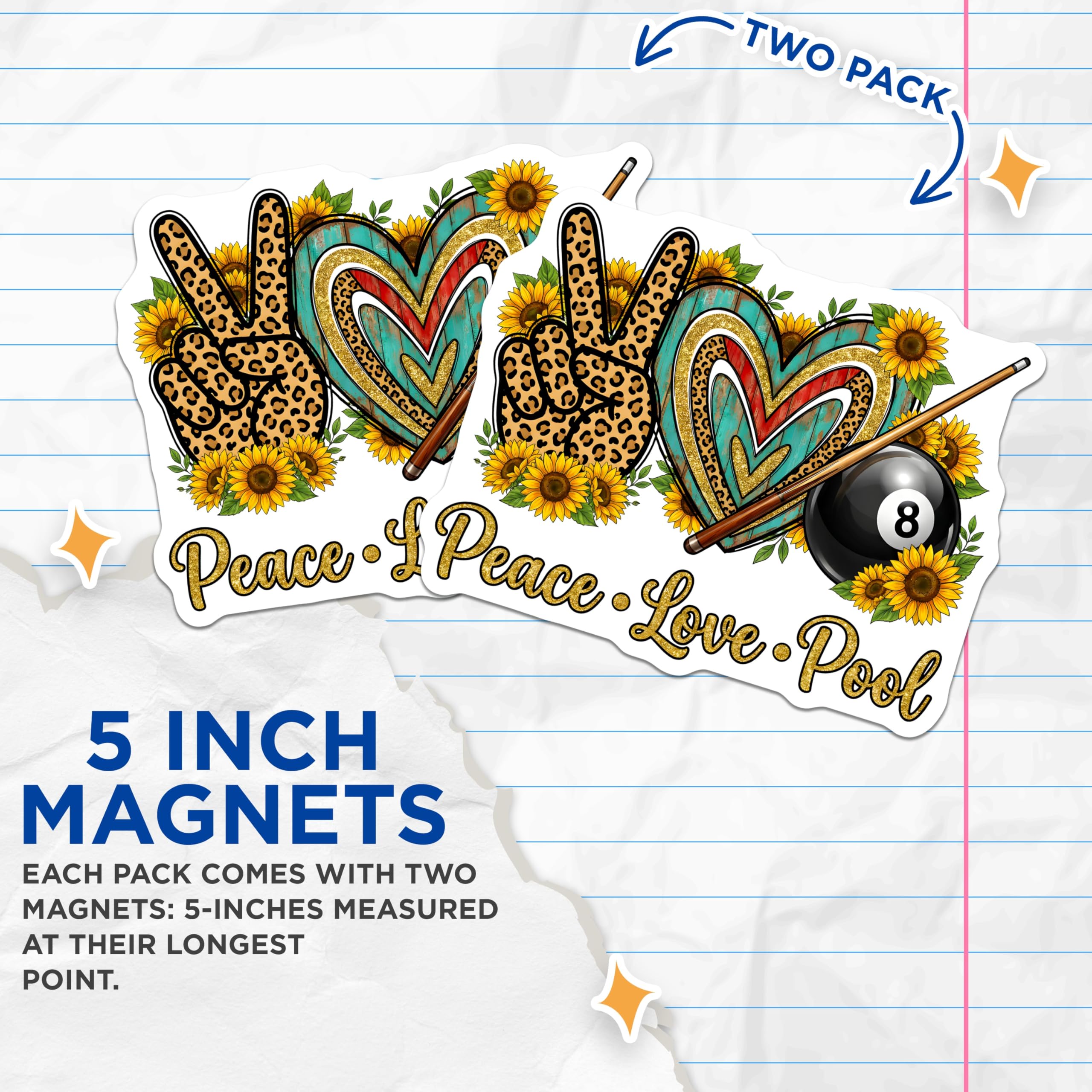 (2 Pack) Peace Love Pool Magnets - Billiards 8 Ball - Leopard Sunflower - 5 Inches On Longest Side - Thick Durable Magnet - Made in USA - MAG29834