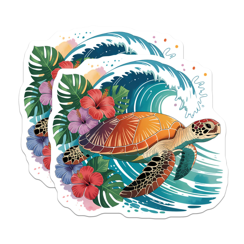 (2 Pack) Sea Turtle Magnets - Vibrant Tropical Hibiscus Flowers - Majestic Ocean Wave Creature Decor - 5 Inches On Longest Side - Thick Durable Magnet - Made in USA - MAG21515