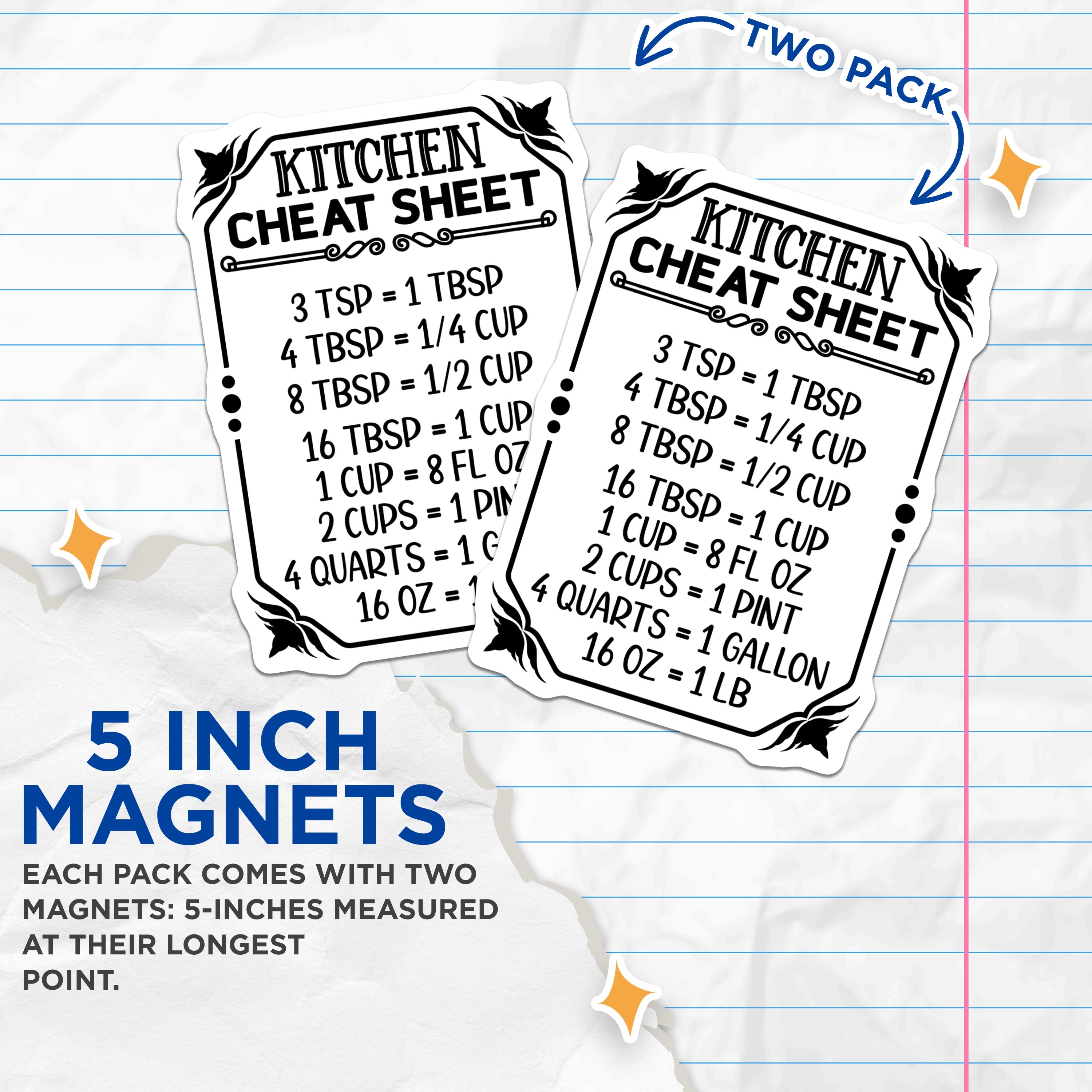 (2 Pack) Kitchen Conversion Magnets - Measurement Cheat Sheet - Baking Cooking Guide - Farmhouse Kitchen Decor - 5 Inches On Longest Side - Thick Durable Magnet - Made in USA - MAG36376