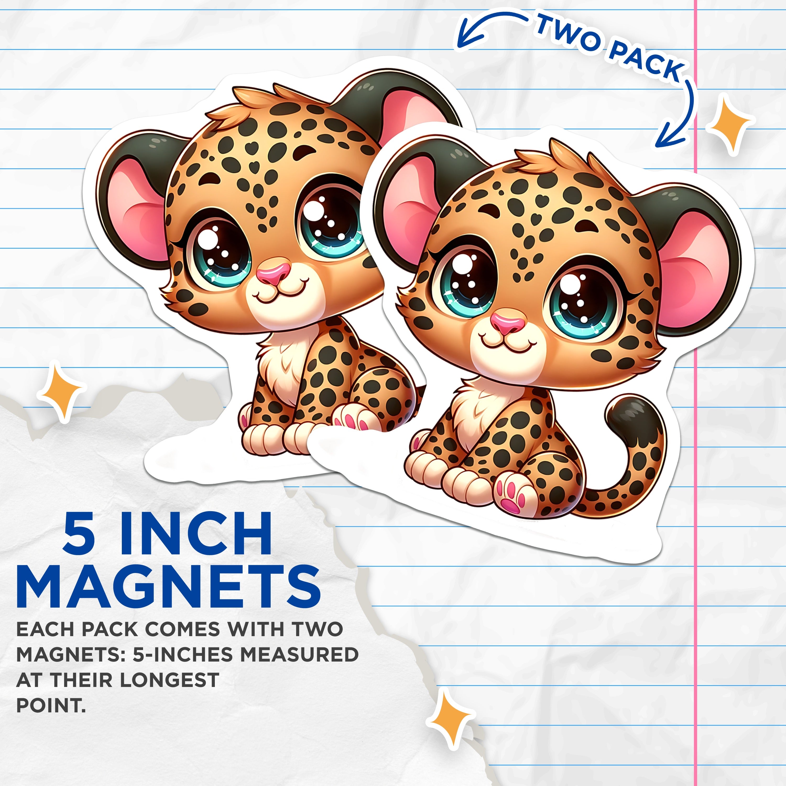 (2 Pack) Cute Cheetah Magnets - Kawaii Leopard Cub Decor - Fridge Locker Nursery Art - 5 Inches On Longest Side - Thick Durable Magnet - Made in USA - MAG36785