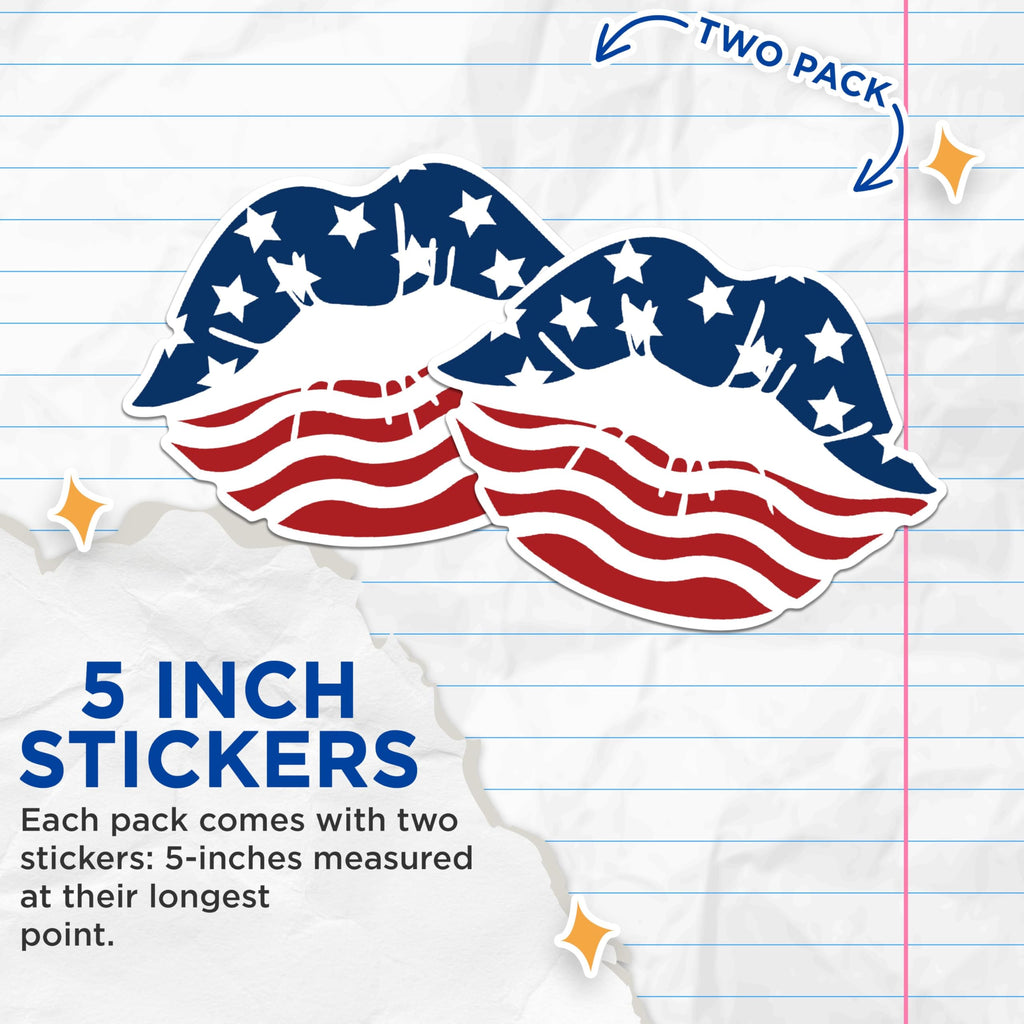 (2 Pack) American Flag Lips Stickers - Patriotic Star Stripes Kiss Stickers - USA Red White Blue Stickers - 5" On Longest Side - Sticks to Any Smooth Flat Surface - Made in USA - BMCS2995