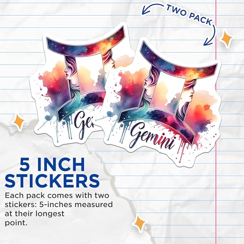 (2 Pack) Gemini Zodiac Stickers - Horoscope Sticker Set - Astrological Sign Stickers - 5" On Longest Side - Sticks to Smooth Flat Surfaces - Made in USA - BMCS6665