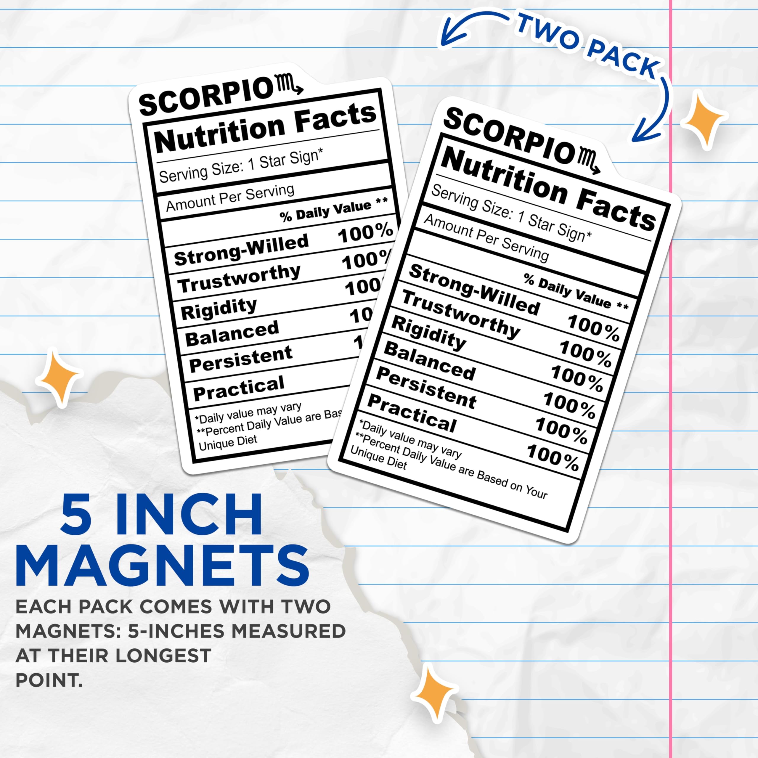 (2 Pack) Scorpio Zodiac Magnets - Nutrition Facts - Astrology Sign Home Decor - 5" On Longest Side - Premium Magnet - for Cars, Refrigerators, Toolboxes, Lockers - Made in USA - MAG15615