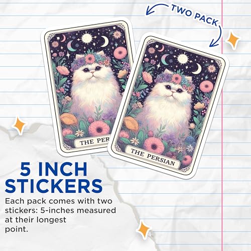 (2 Pack) Persian Cat Stickers - Floral Cat Art Stickers - Whimsical Moon Cat Stickers for Laptop and Water Bottle - 5" On Longest Side - Sticks to Smooth Flat Surfaces - Made in USA - BMCS5253