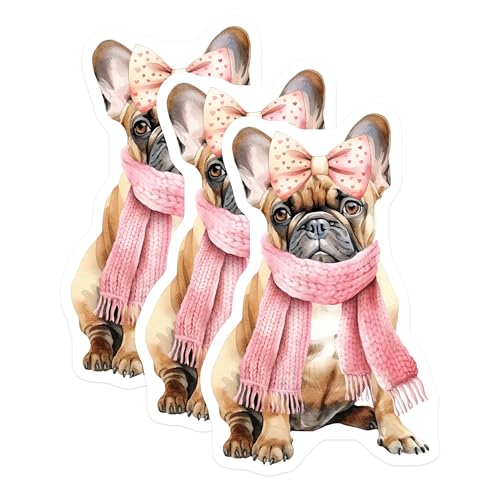 (3 Pack) French Bulldog Decals - Dog with Bow - Puppy in Scarf - 3 Inches On Longest Side - Easy Peel & Apply - Made in USA - 3MCS2248