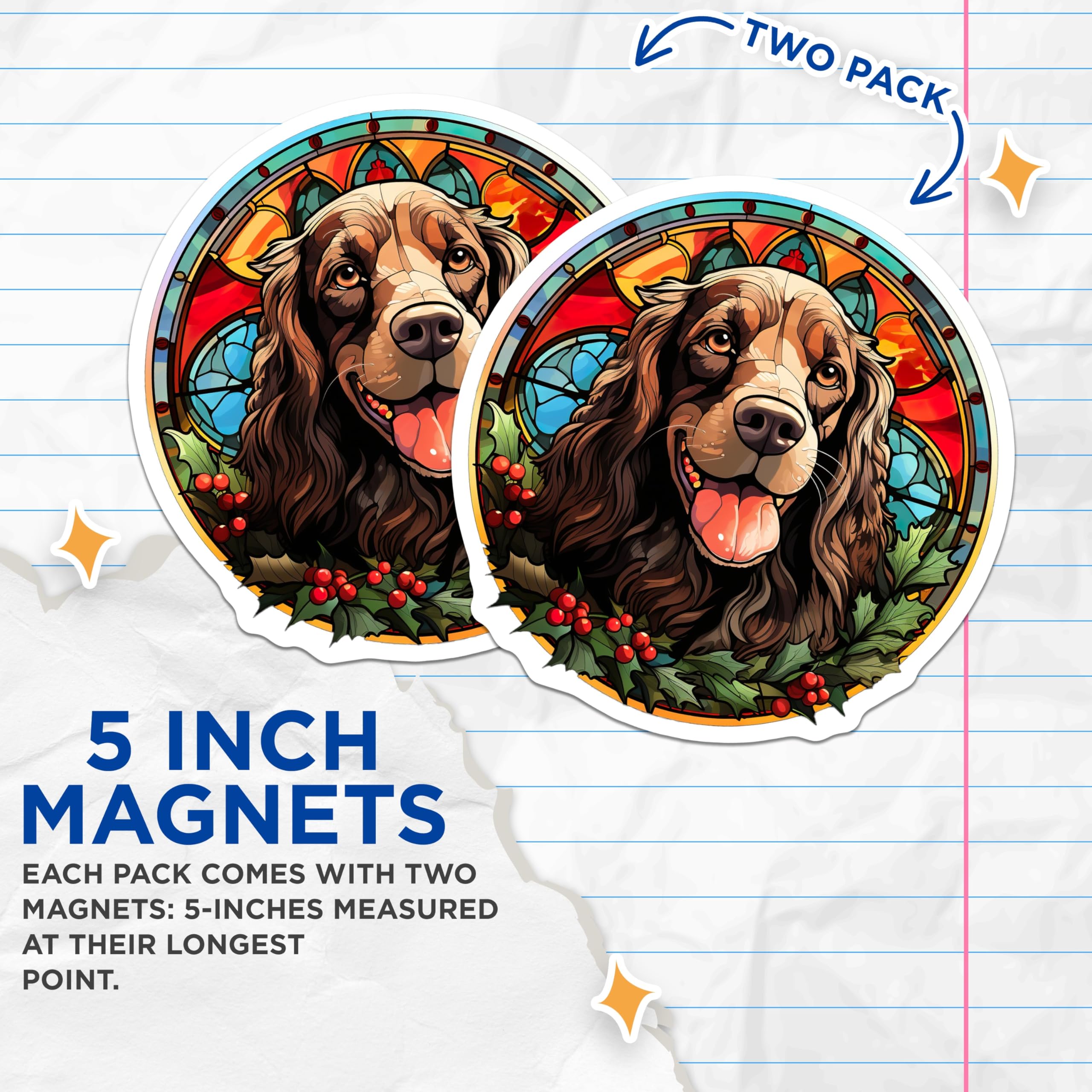 (2 Pack) Cocker Spaniel Stained Glass Magnets - Christmas Dog Decor - Pet Lover Home Accent - 5 Inches On Longest Side - Thick Durable Magnet - Made in USA - MAG30530
