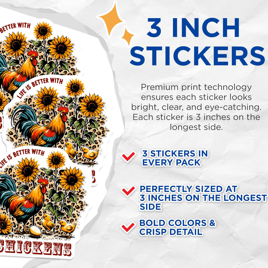 (3 Pack) Chicken Decals - Sunflower - Animal Farm - Laptop Decals - 3 Inches On Longest Side - Easy Peel & Apply - Made in USA - 3MCS8421