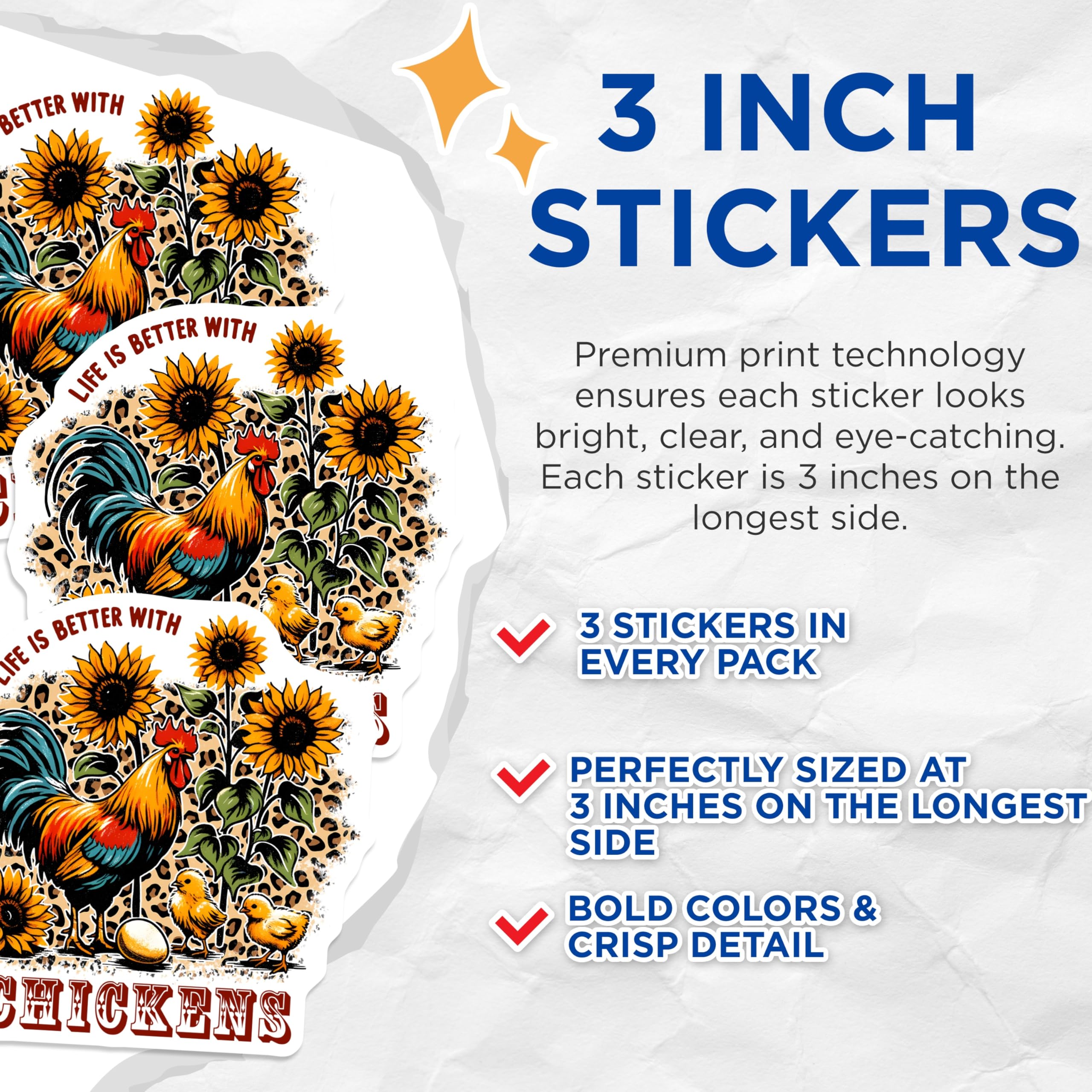(3 Pack) Chicken Decals - Sunflower - Animal Farm - Laptop Decals - 3 Inches On Longest Side - Easy Peel & Apply - Made in USA - 3MCS8421